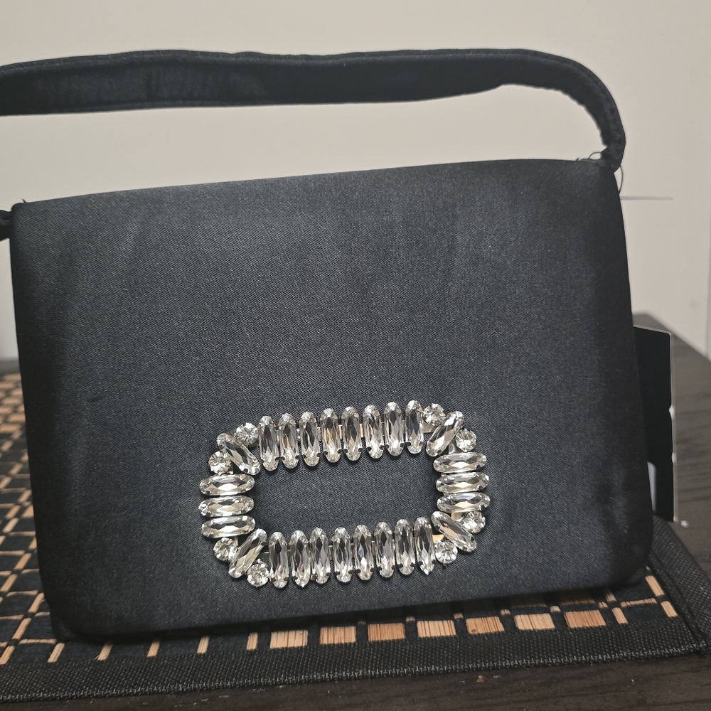 Forever 21 Black Satin Clutch with Crystal Accent